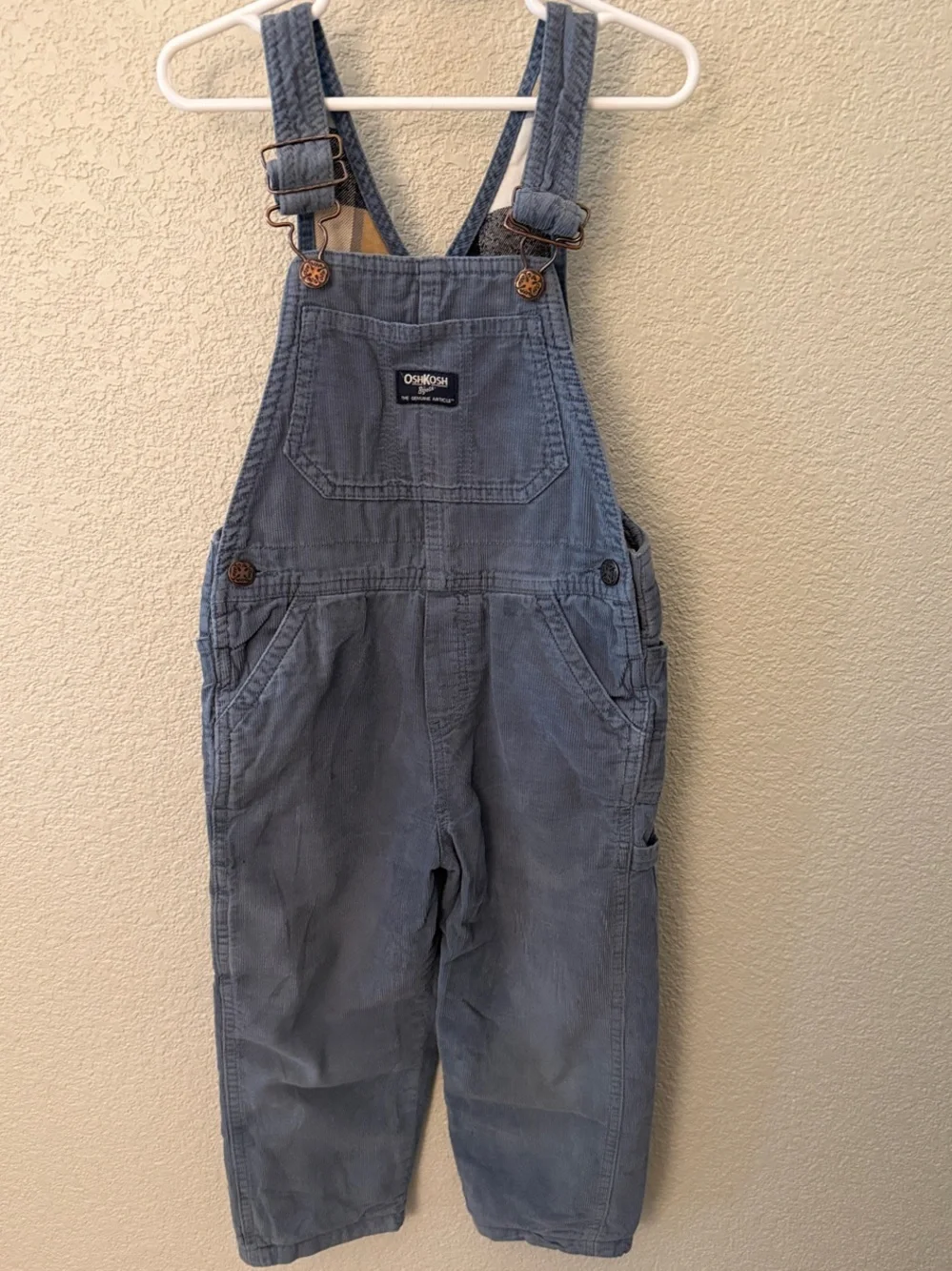 OshKosh B'gosh 5T Slate Blue Corduroy Overalls for Kids with Plaid Lining